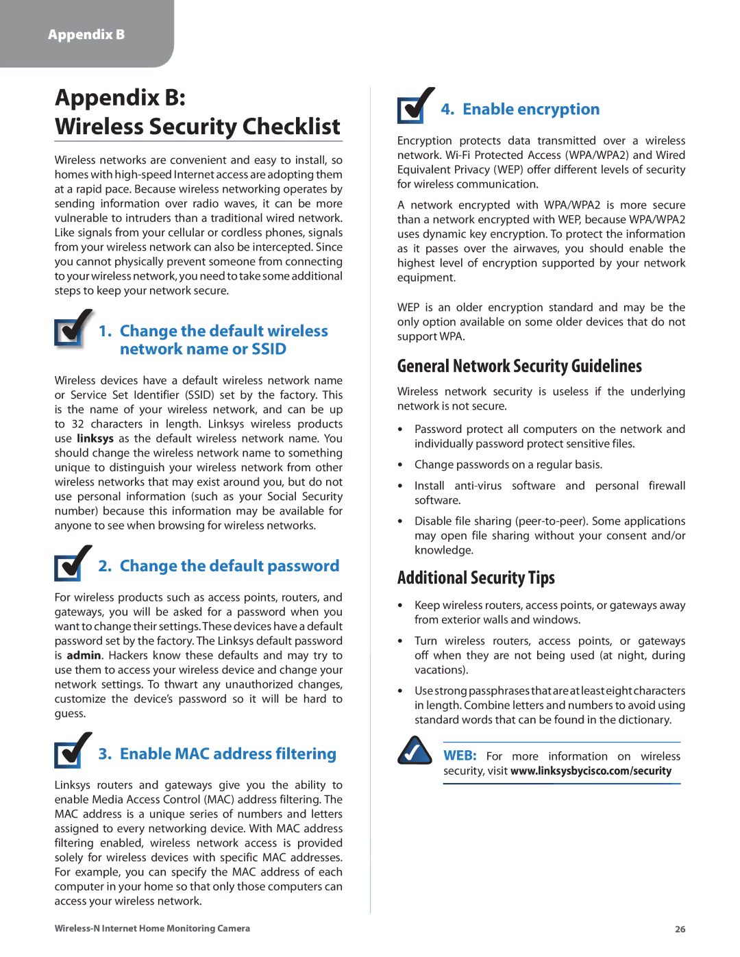 Cisco Systems WVC80N Appendix B Wireless Security Checklist, General Network Security Guidelines, Additional Security Tips 