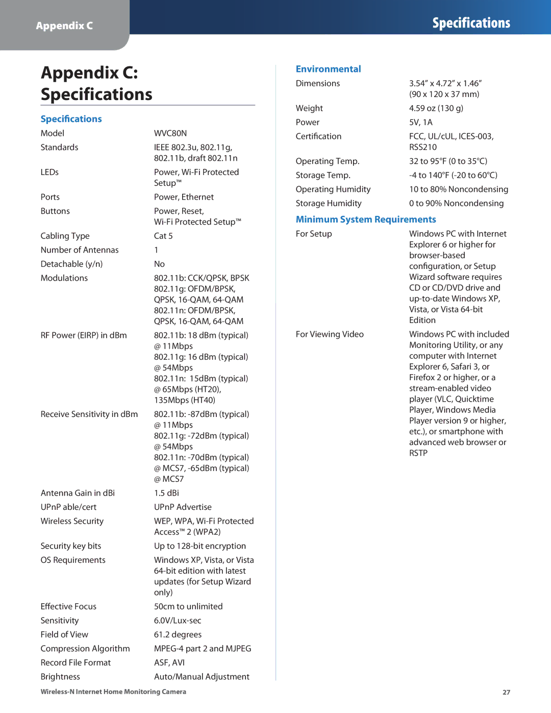 Cisco Systems WVC80N manual Appendix C Specifications 