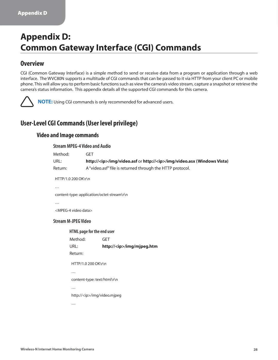 Cisco Systems WVC80N manual Appendix D Common Gateway Interface CGI Commands, User-Level CGI Commands User level privilege 