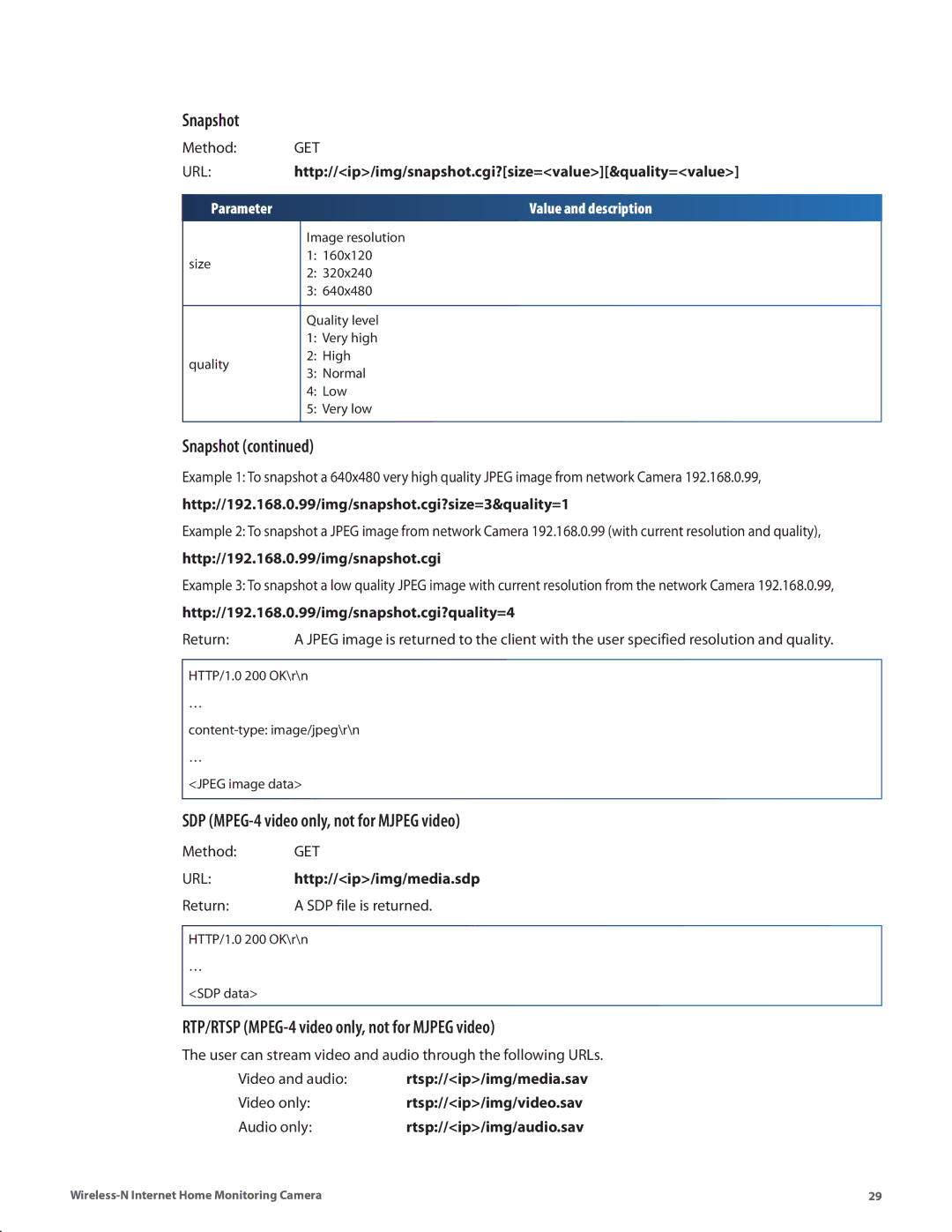 Cisco Systems WVC80N Snapshot, SDP MPEG-4 video only, not for Mjpeg video, RTP/RTSP MPEG-4 video only, not for Mjpeg video 