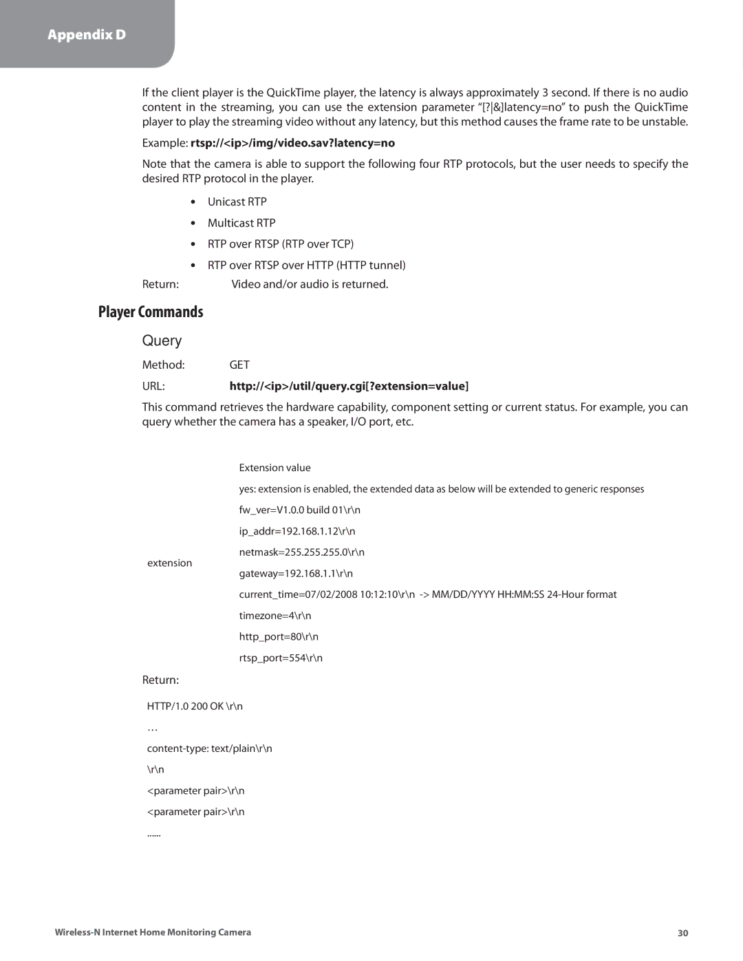 Cisco Systems WVC80N manual Player Commands, Query, Example rtsp//ip/img/video.sav?latency=no 