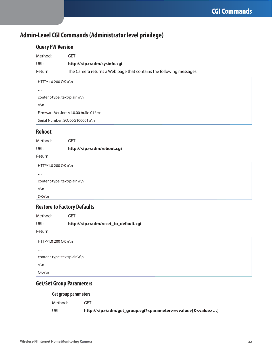 Cisco Systems WVC80N manual Admin-Level CGI Commands Administrator level privilege, Query FW Version, Reboot 