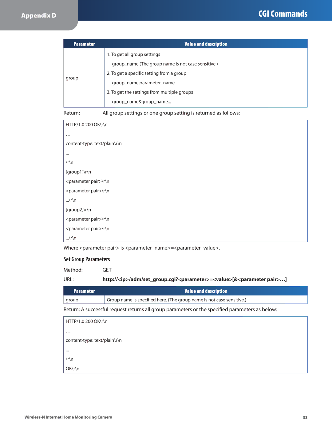 Cisco Systems WVC80N manual Set Group Parameters, URLhttp//ip/adm/setgroup.cgi?parameter=value&parameter pair… 