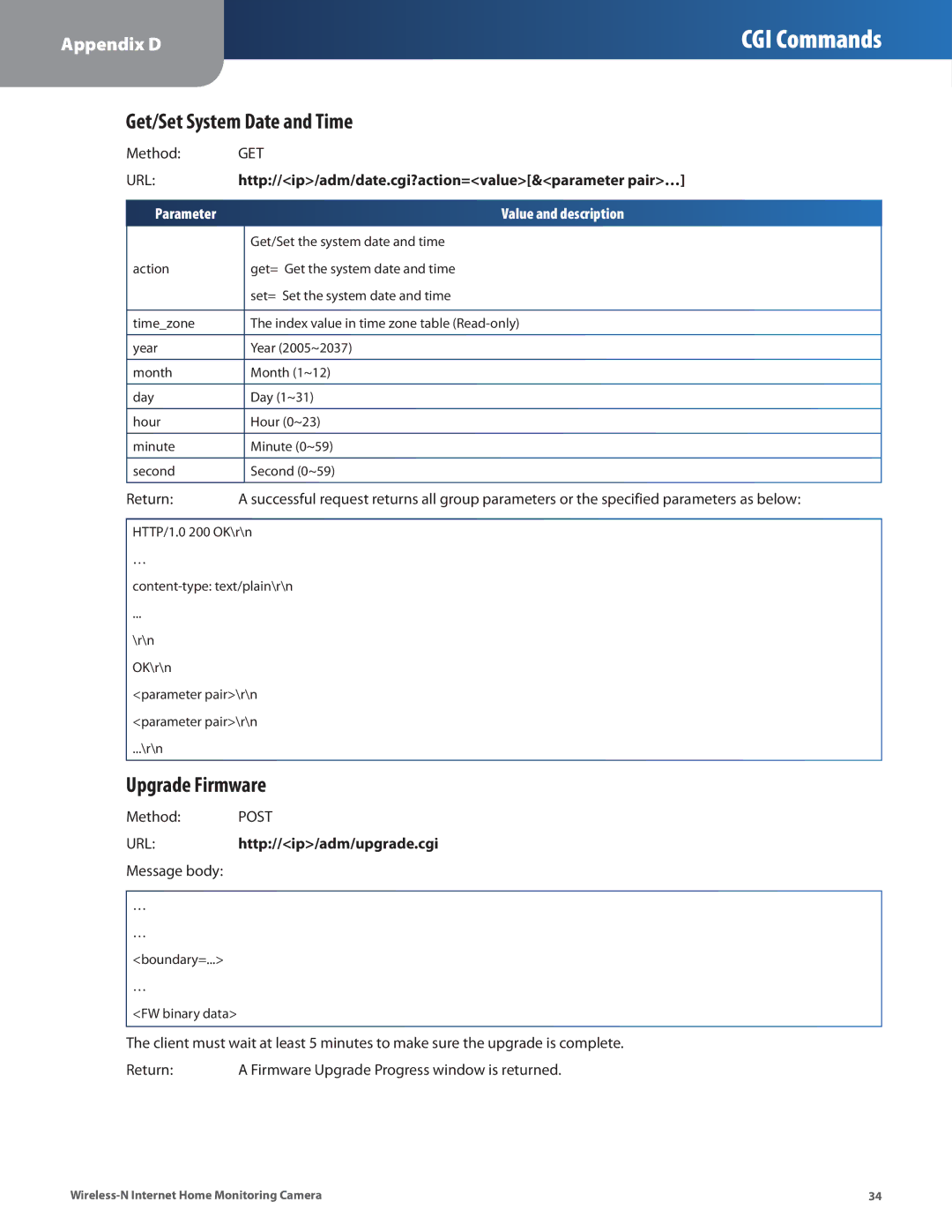 Cisco Systems WVC80N Get/Set System Date and Time, Upgrade Firmware, Http//ip/adm/date.cgi?action=value&parameter pair… 