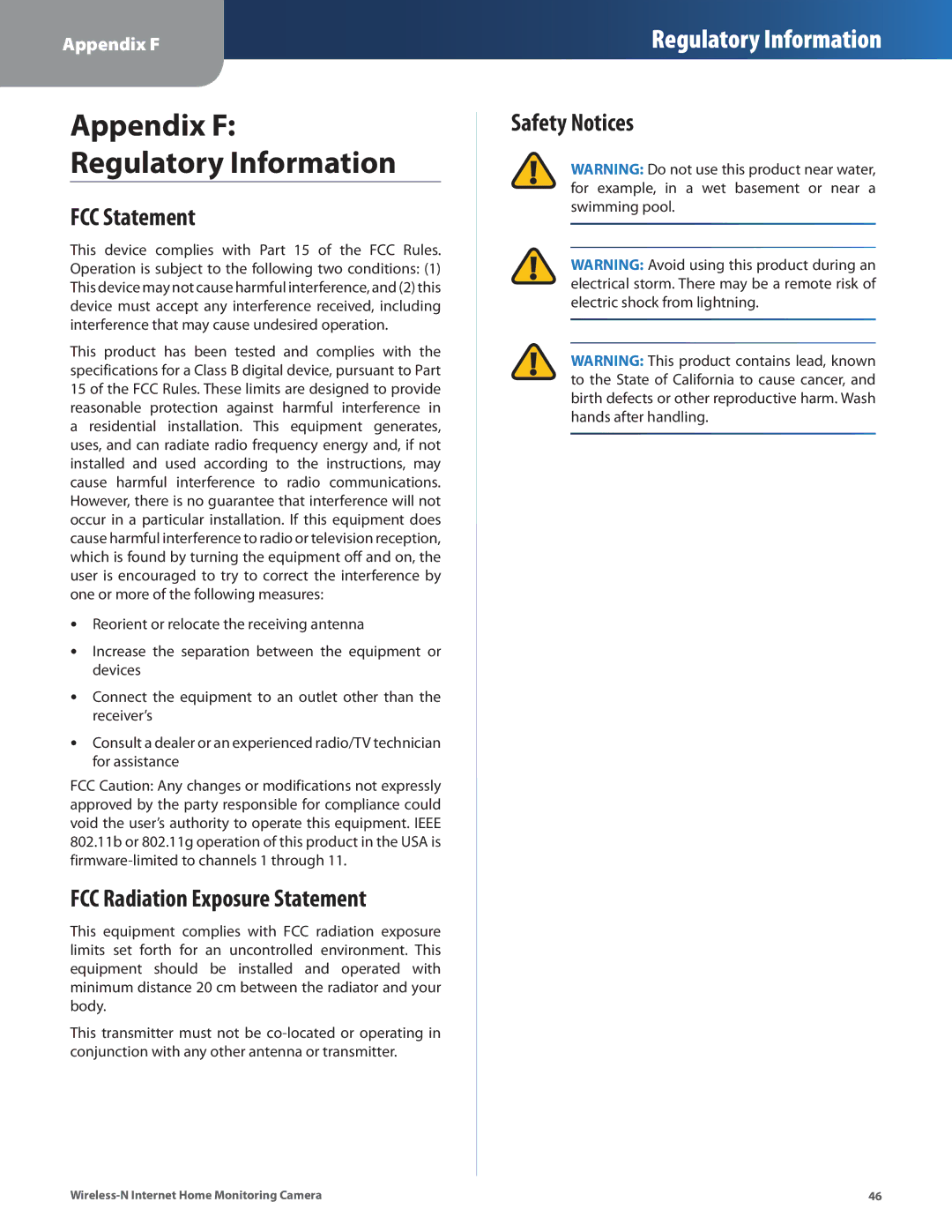 Cisco Systems WVC80N manual FCC Statement, FCC Radiation Exposure Statement, Safety Notices 