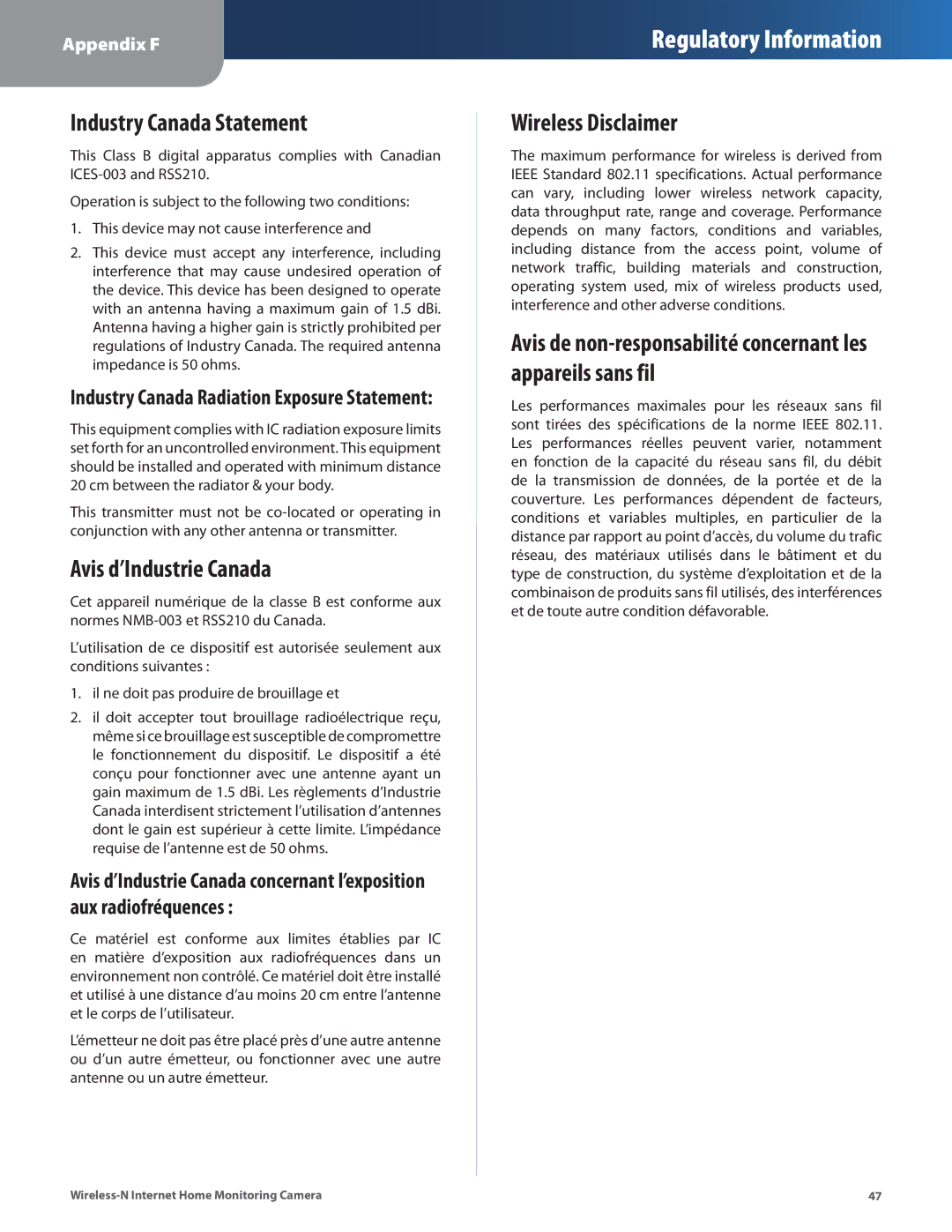 Cisco Systems WVC80N manual Industry Canada Statement, Avis d’Industrie Canada, Wireless Disclaimer 