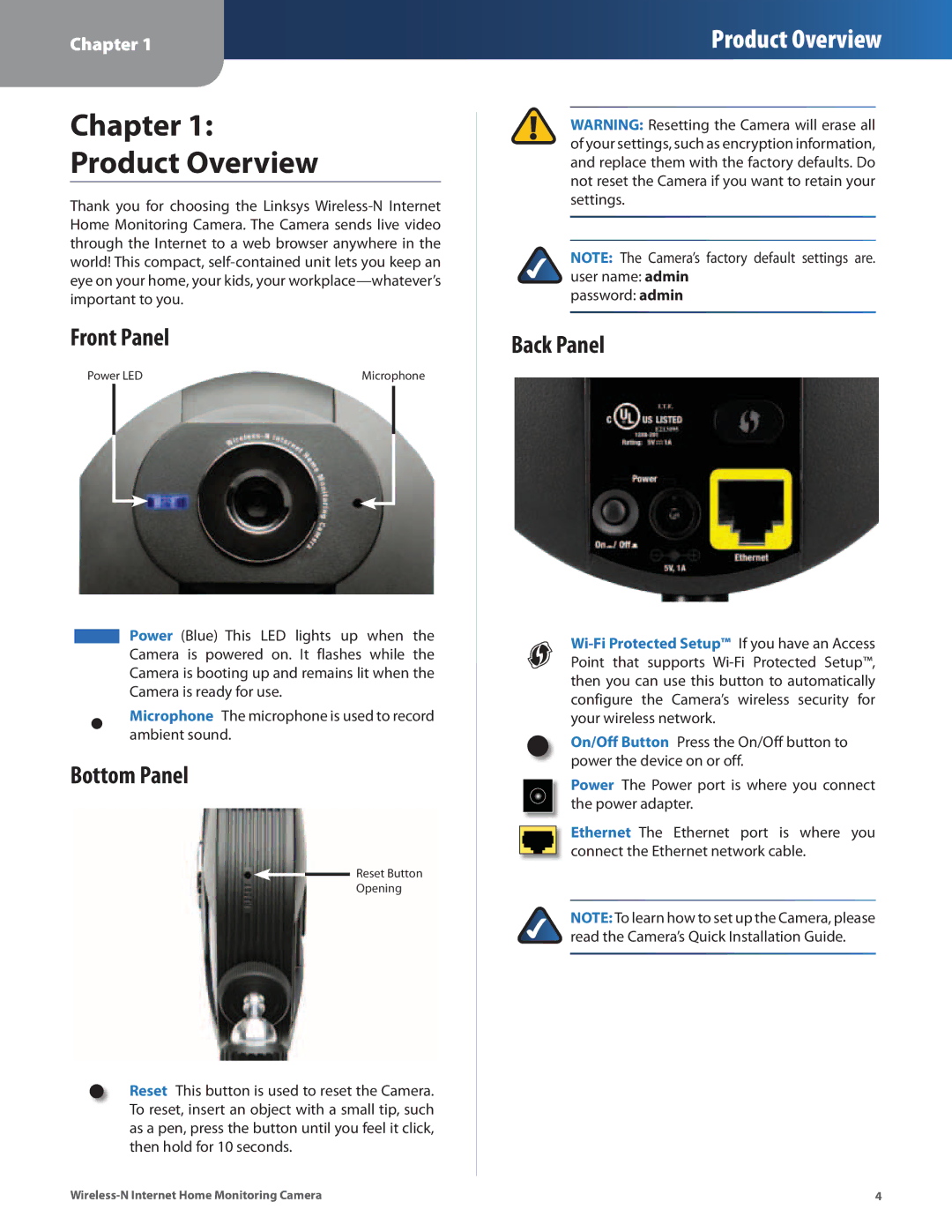 Cisco Systems WVC80N manual Chapter Product Overview, Front Panel, Bottom Panel, Back Panel 