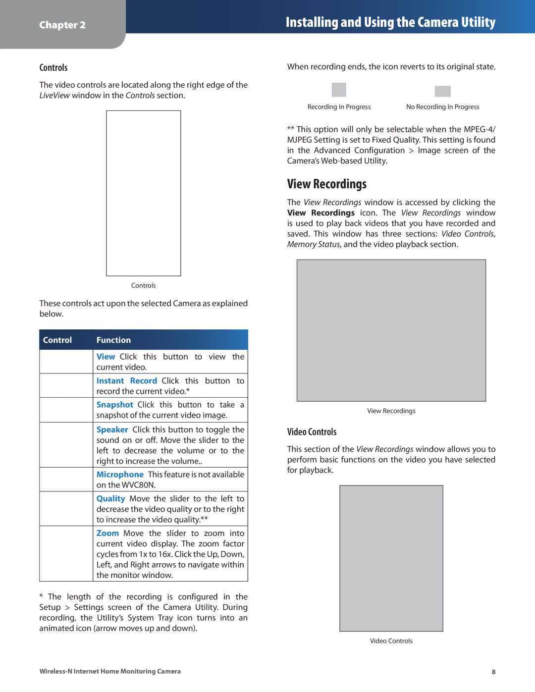 Cisco Systems WVC80N manual View Recordings, Video Controls 