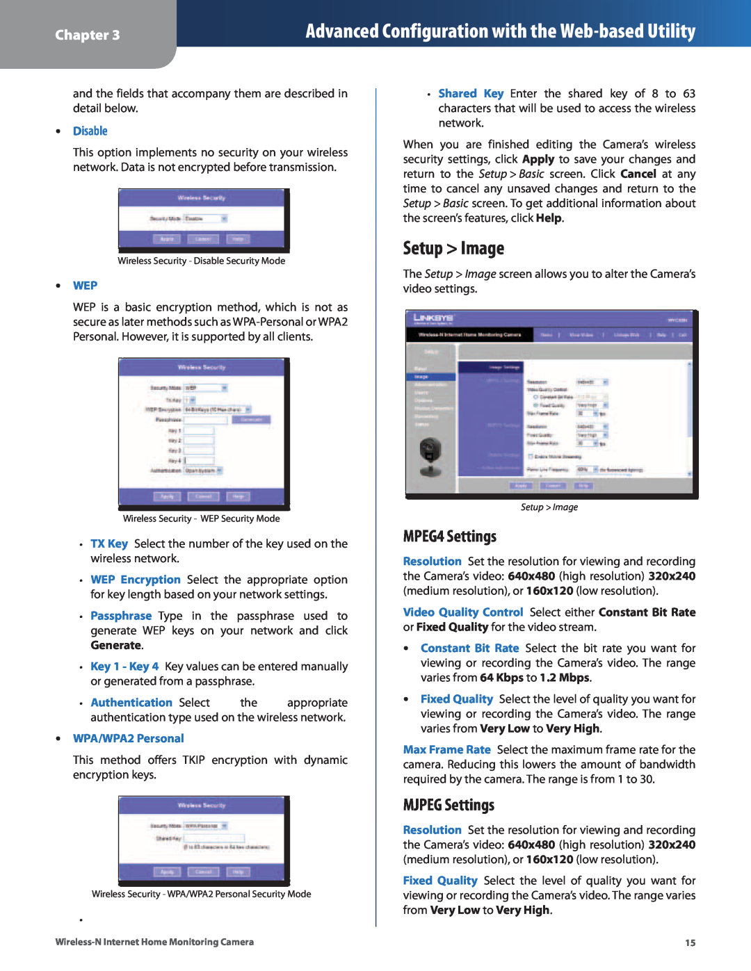 Cisco Systems WVC80N manual Setup Image, Advanced Configuration with the Web-basedUtility, MPEG4 Settings, MJPEG Settings 