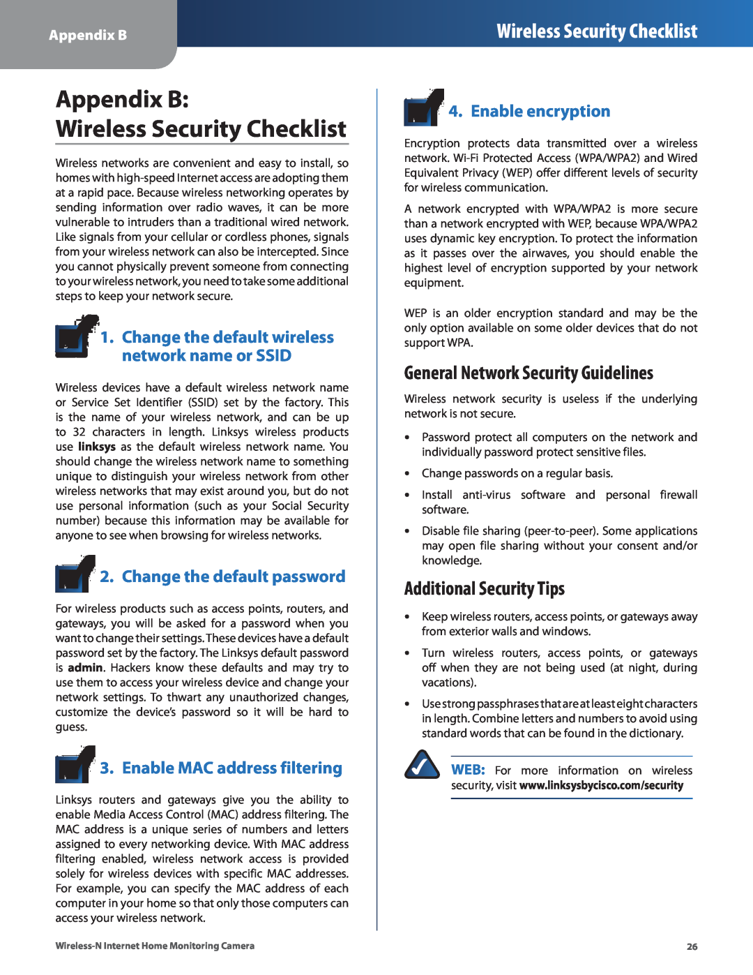 Cisco Systems WVC80N Appendix B Wireless Security Checklist, General Network Security Guidelines, Additional Security Tips 