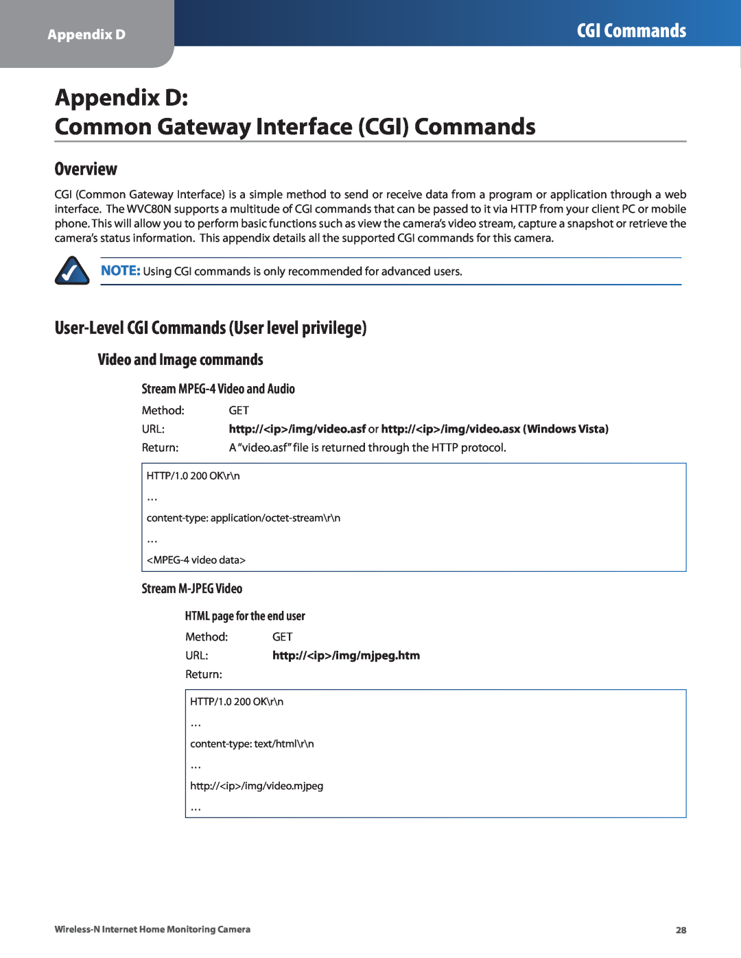 Cisco Systems WVC80N manual Appendix D Common Gateway Interface CGI Commands, User-LevelCGI Commands User level privilege 