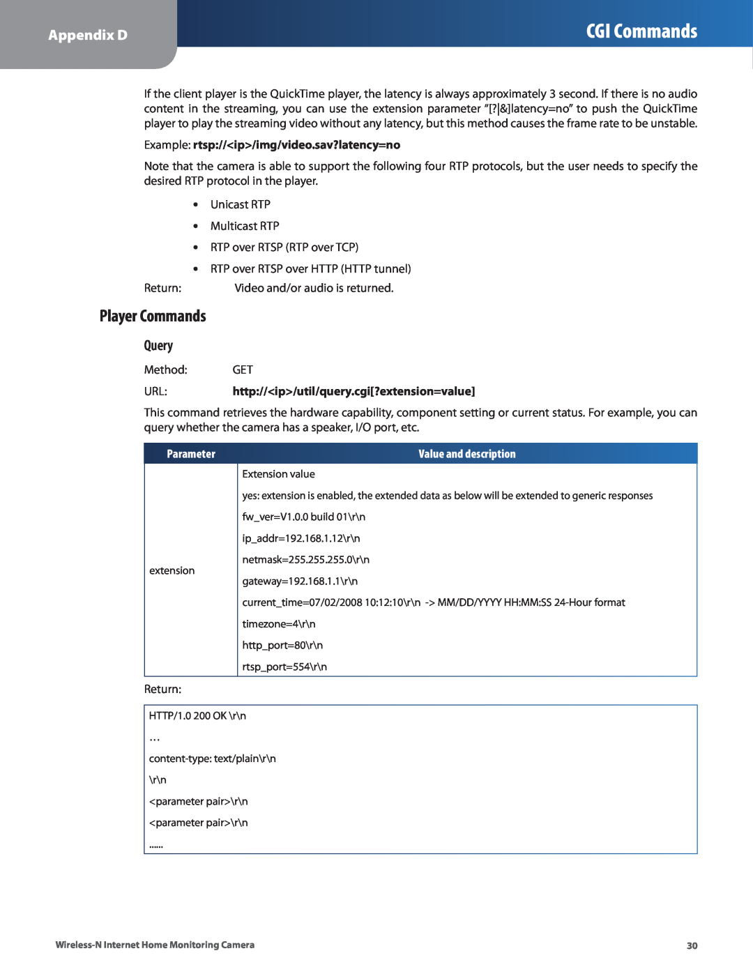 Cisco Systems WVC80N manual CGI Commands, Appendix D, Query, Parameter, Value and description 