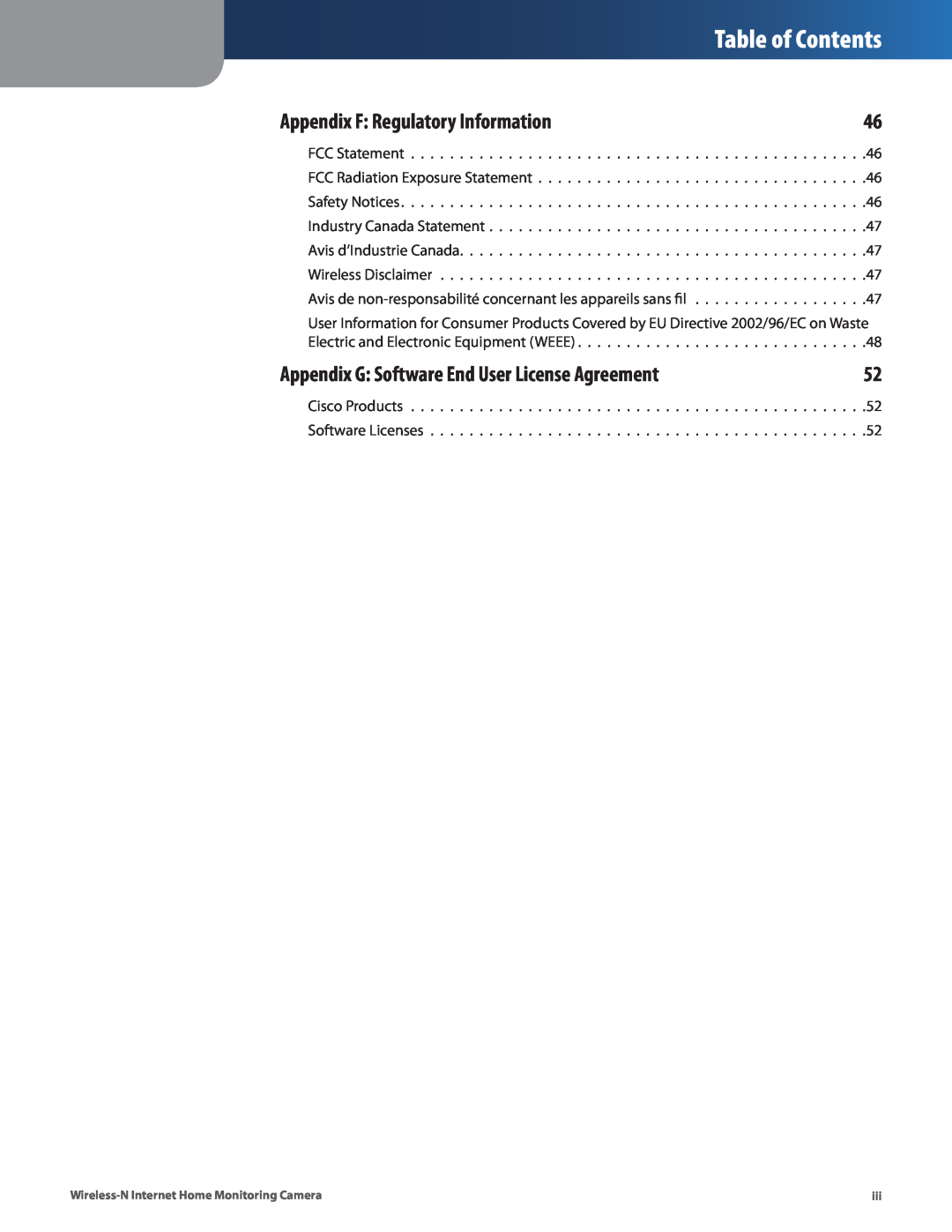 Cisco Systems WVC80N manual Table of Contents, Appendix F: Regulatory Information 