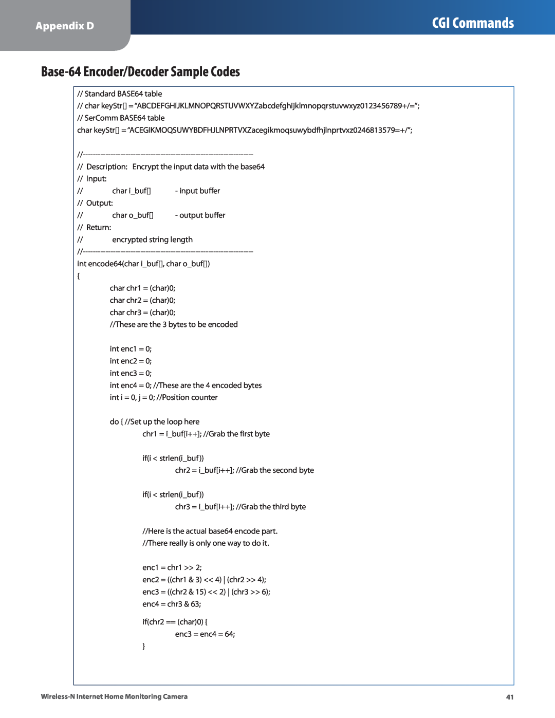 Cisco Systems WVC80N manual Base-64Encoder/Decoder Sample Codes, CGI Commands, Appendix D 