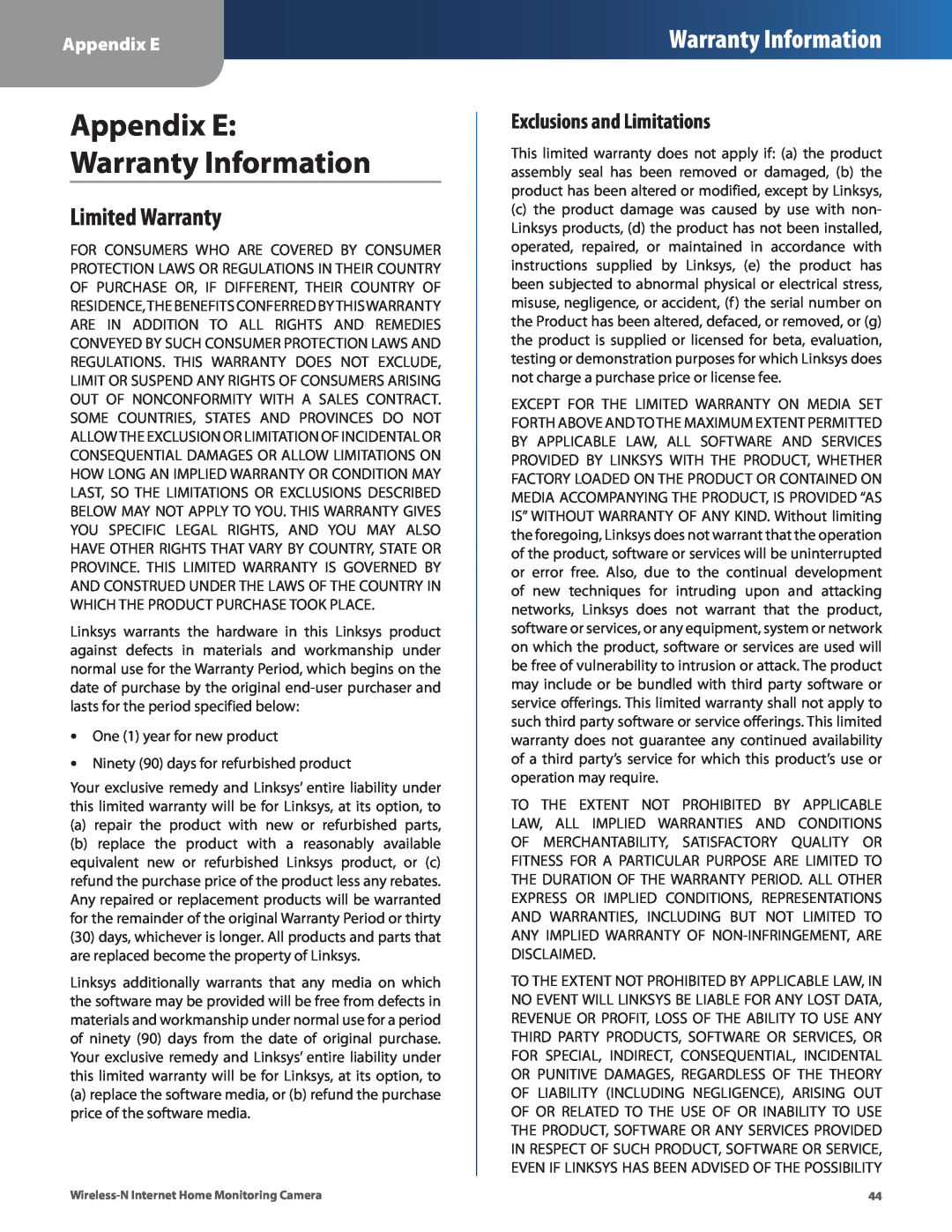 Cisco Systems WVC80N manual Appendix E: Warranty Information, Limited Warranty 