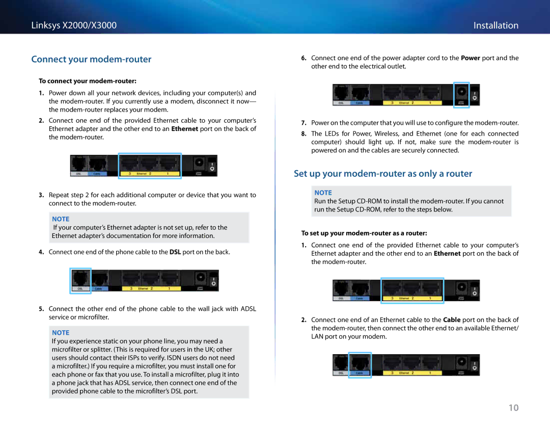 Cisco Systems X2000 Connect your modem-router, Set up your modem-router as only a router, To connect your modem-router 