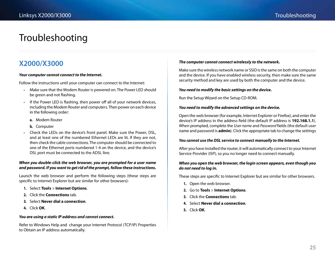 Cisco Systems manual Troubleshooting, X2000/X3000, Select Tools Internet Options, Select Never dial a connection 