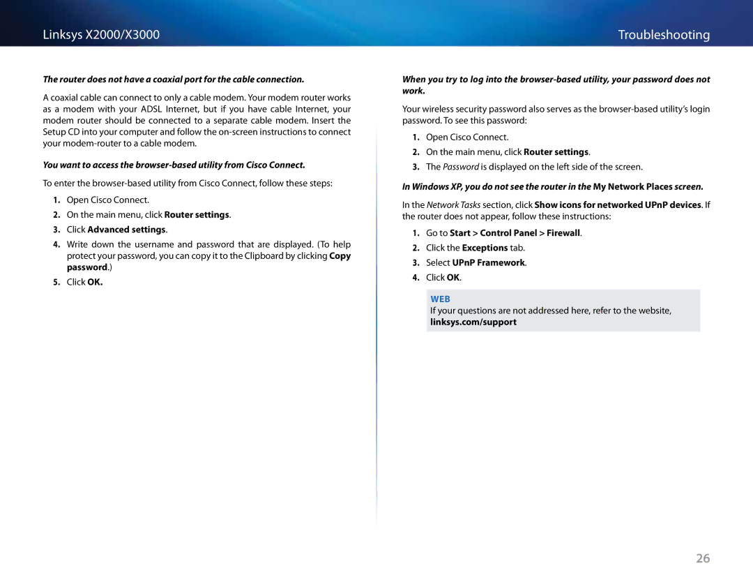 Cisco Systems X2000, X3000 manual Troubleshooting, Click Advanced settings, Select UPnP Framework 