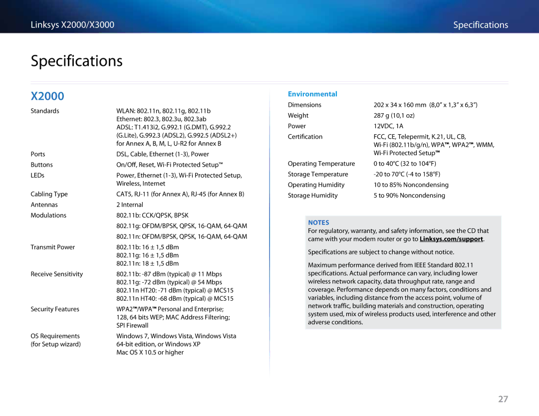 Cisco Systems X3000, X2000 manual Specifications, Environmental 