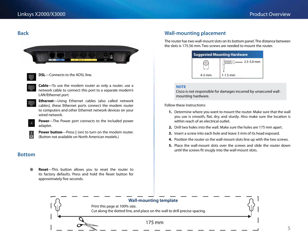 Cisco Systems X3000, X2000 manual Back, Bottom, Wall-mounting placement, Wall-mounting template 