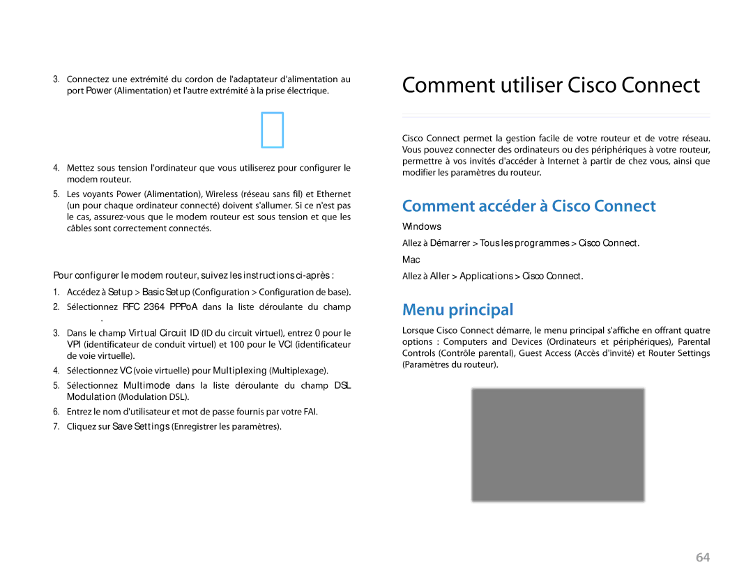 Cisco Systems X2000, X3000 manual Comment utiliser Cisco Connect, Comment accéder à Cisco Connect, Menu principal 