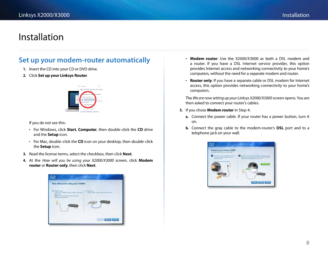 Cisco Systems X2000, X3000 manual Installation, Set up your modem-router automatically, Click Set up your Linksys Router 