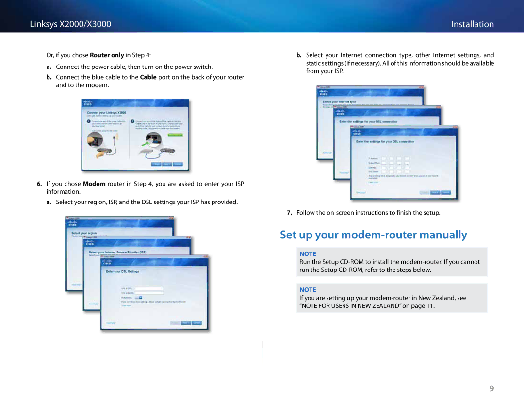 Cisco Systems X3000, X2000 Set up your modem-router manually, Installation 
