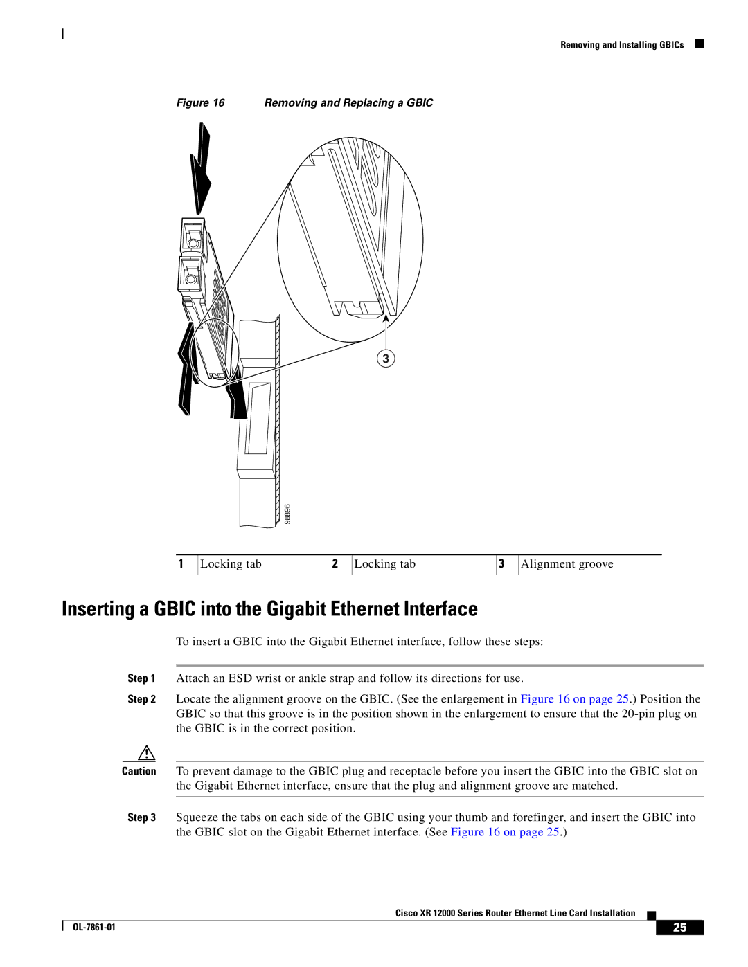 Cisco Systems XR 12000 Series Inserting a Gbic into the Gigabit Ethernet Interface, Removing and Replacing a Gbic 