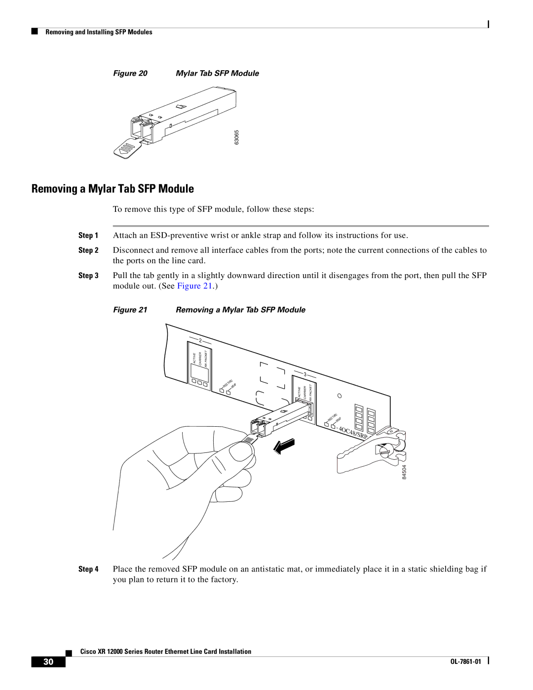 Cisco Systems XR 12000 Series specifications Removing a Mylar Tab SFP Module 