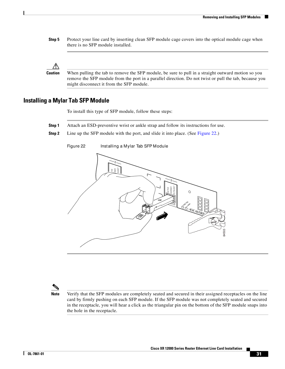 Cisco Systems XR 12000 Series specifications Installing a Mylar Tab SFP Module 