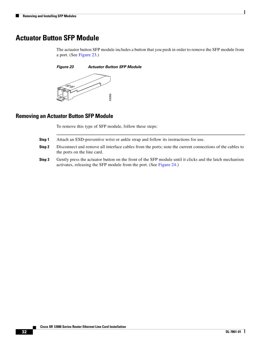 Cisco Systems XR 12000 Series specifications Removing an Actuator Button SFP Module 