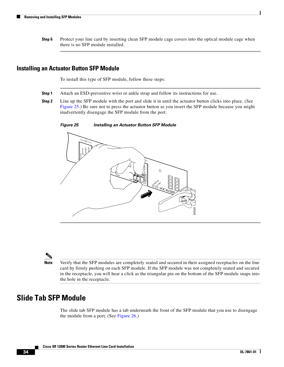 Cisco Systems XR 12000 Series specifications Slide Tab SFP Module, Installing an Actuator Button SFP Module 