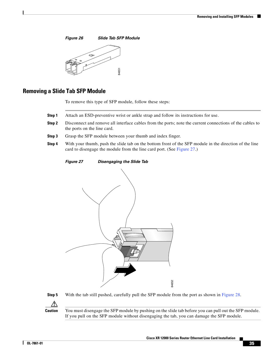 Cisco Systems XR 12000 Series specifications Removing a Slide Tab SFP Module 