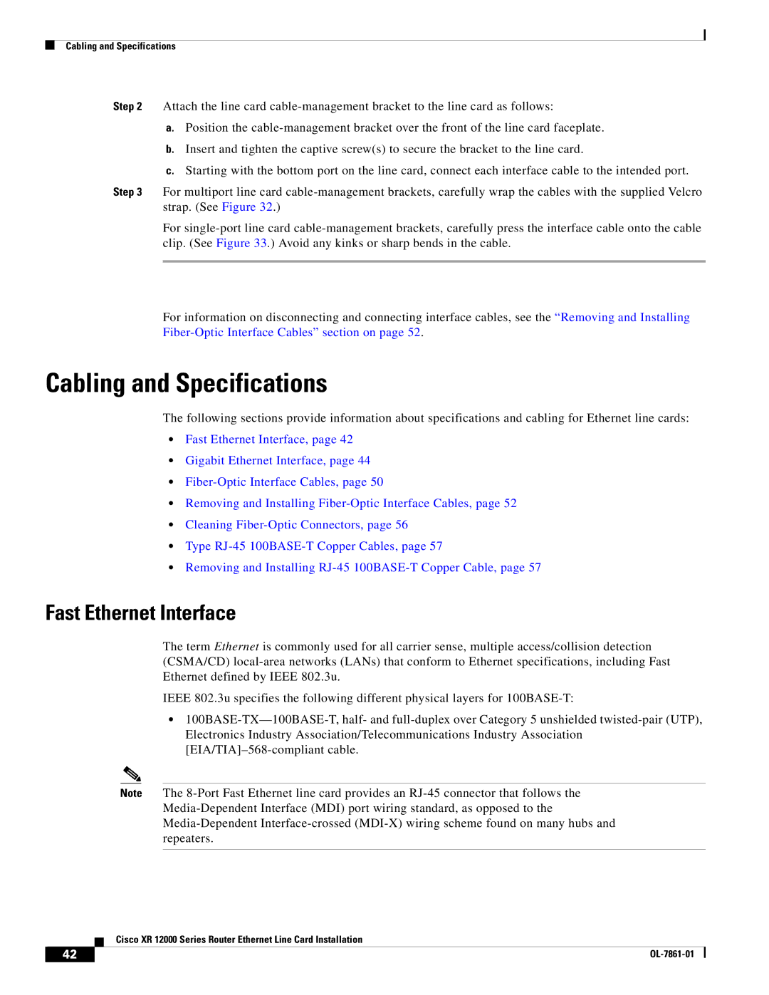 Cisco Systems XR 12000 Series specifications Cabling and Specifications, Fast Ethernet Interface 