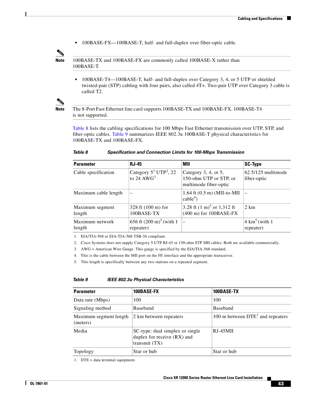 Cisco Systems XR 12000 Series specifications Parameter RJ-45, SC-Type 