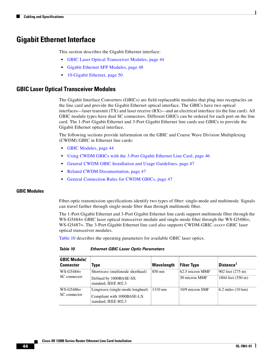 Cisco Systems XR 12000 Series specifications Gigabit Ethernet Interface, Gbic Laser Optical Transceiver Modules 