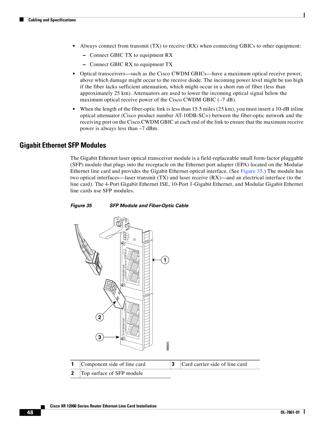 Cisco Systems XR 12000 Series specifications Gigabit Ethernet SFP Modules, Card carrier side of line card 