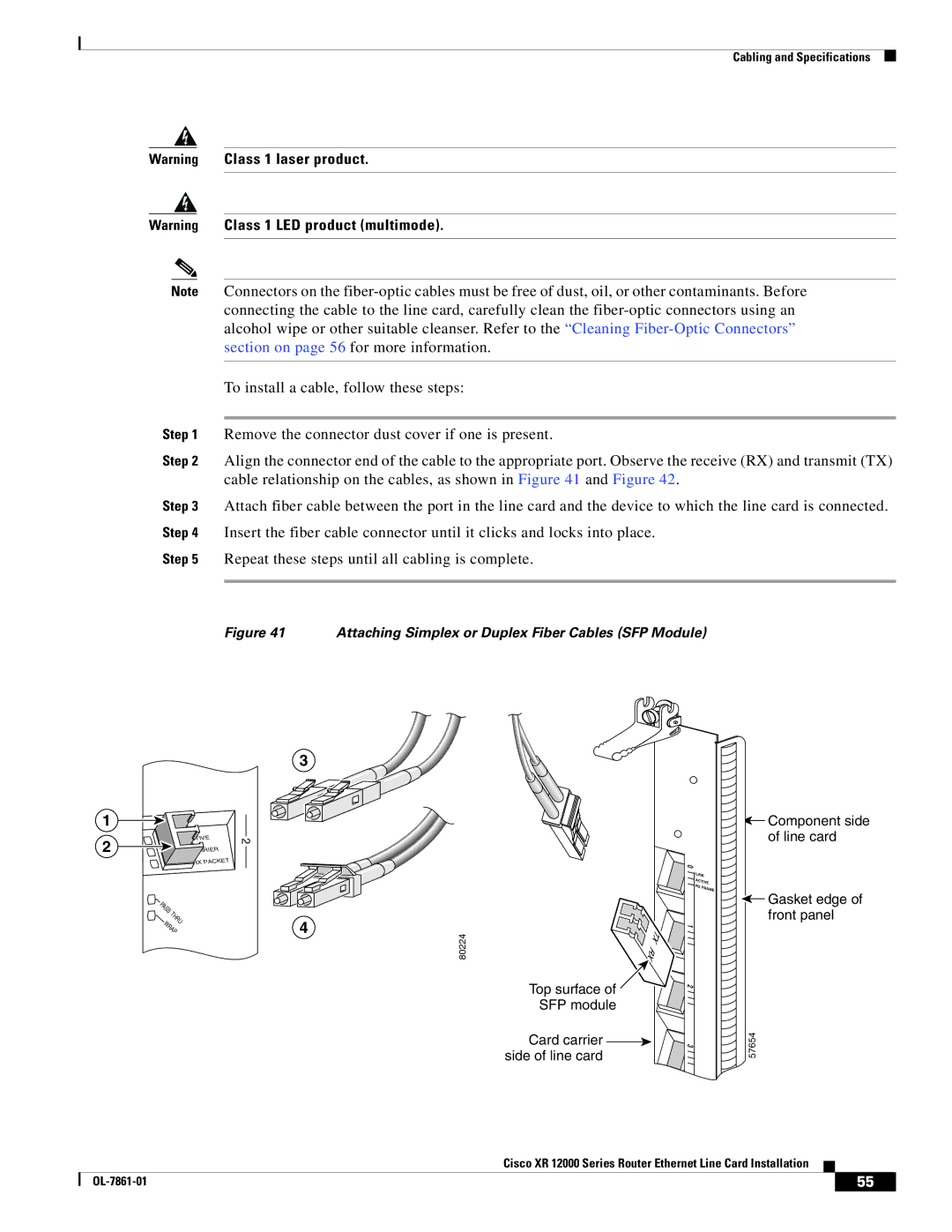 Cisco Systems XR 12000 Series specifications Attaching Simplex or Duplex Fiber Cables SFP Module 