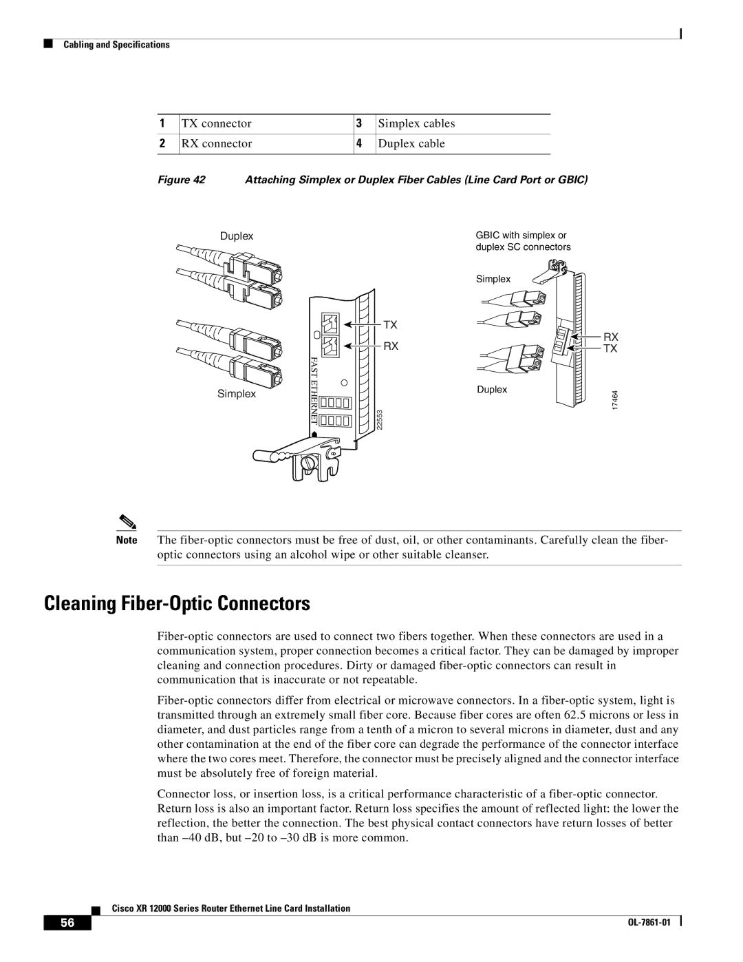 Cisco Systems XR 12000 Series Cleaning Fiber-Optic Connectors, TX connector Simplex cables RX connector Duplex cable 