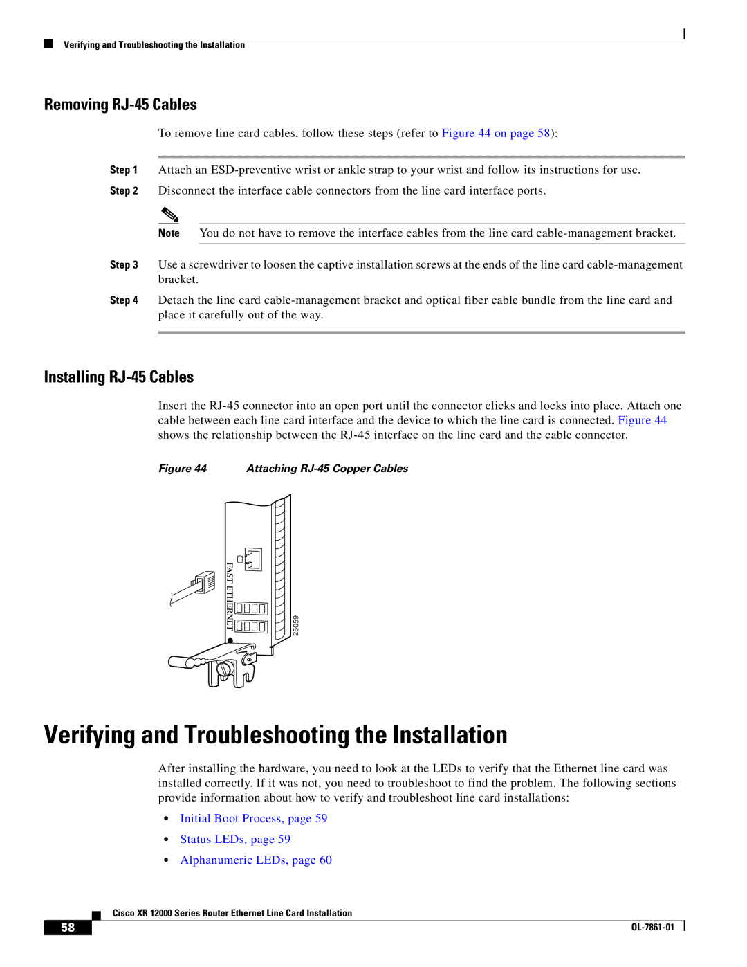 Cisco Systems XR 12000 Series specifications Verifying and Troubleshooting the Installation, Removing RJ-45 Cables 