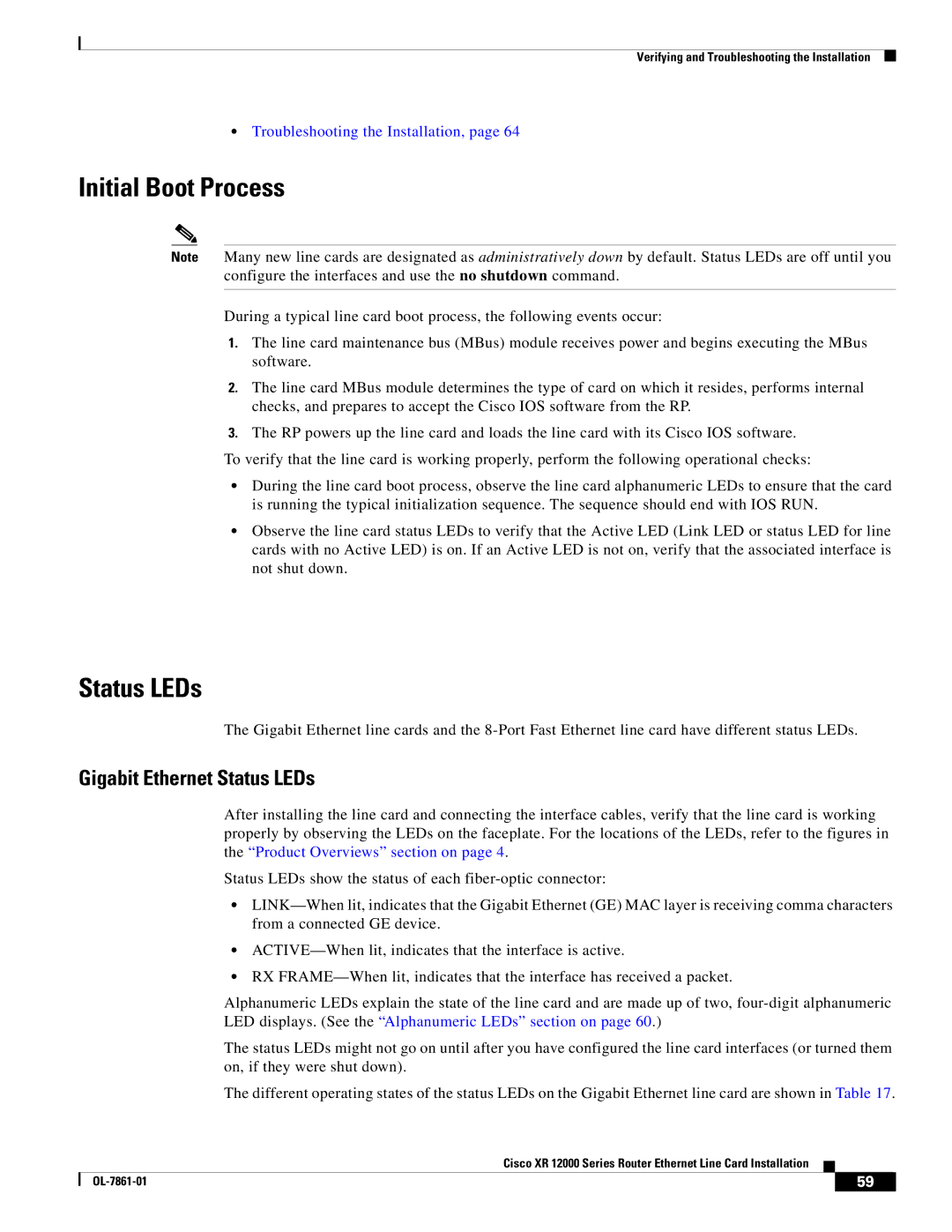 Cisco Systems XR 12000 Series specifications Initial Boot Process, Gigabit Ethernet Status LEDs 