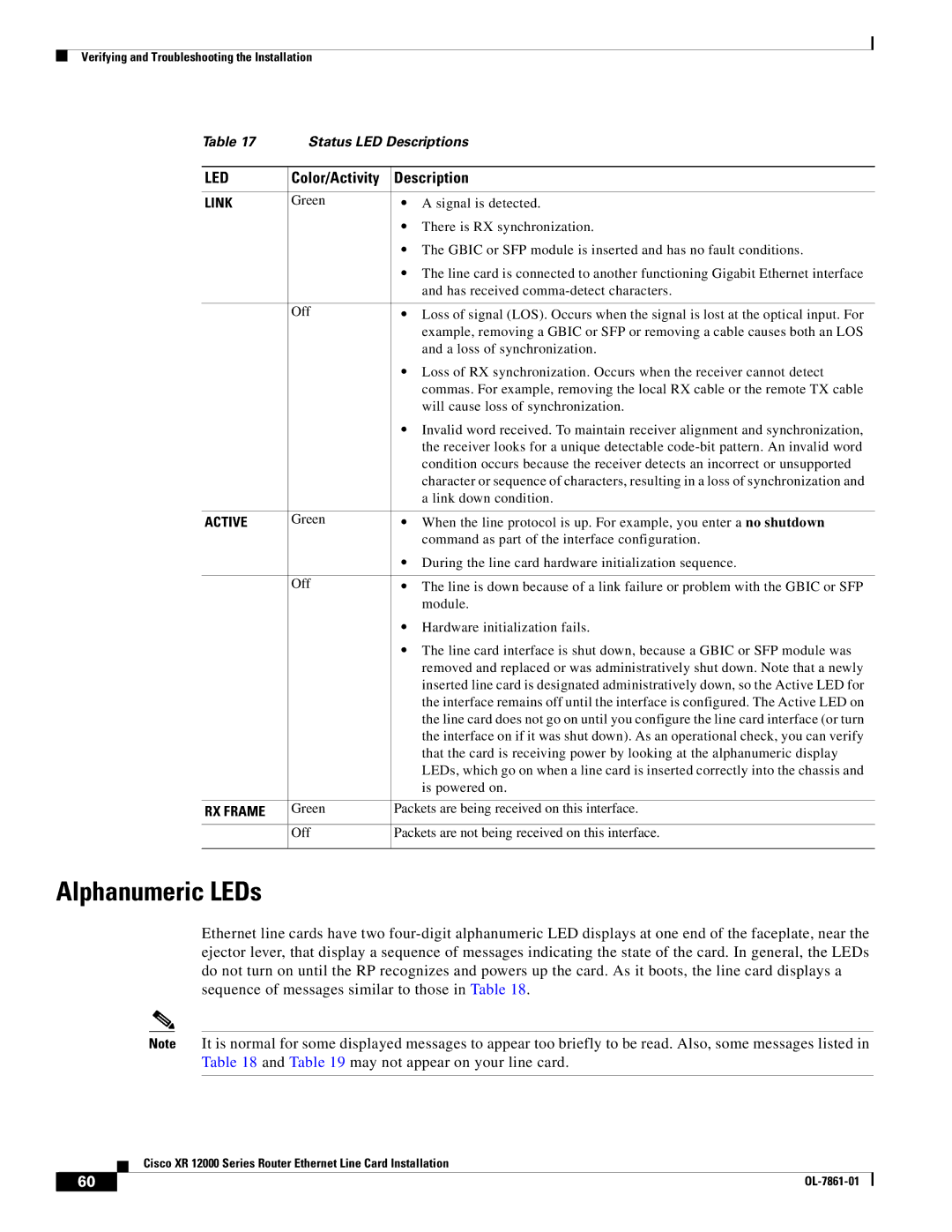 Cisco Systems XR 12000 Series specifications Alphanumeric LEDs, Color/Activity Description 