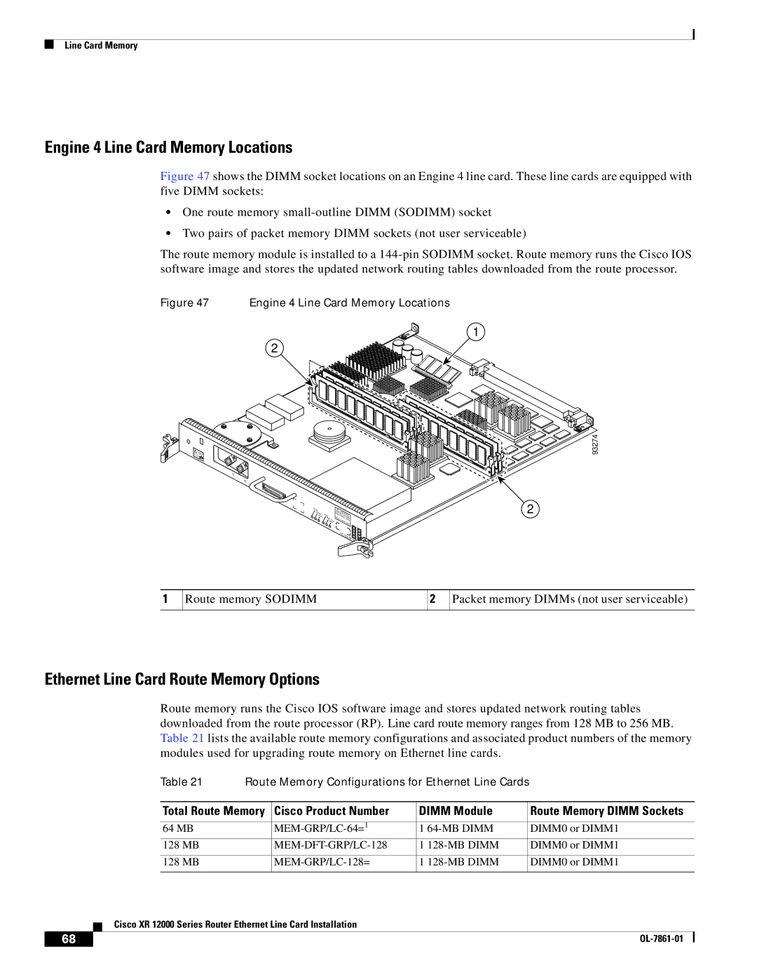 Cisco Systems XR 12000 Series specifications Engine 4 Line Card Memory Locations, Ethernet Line Card Route Memory Options 