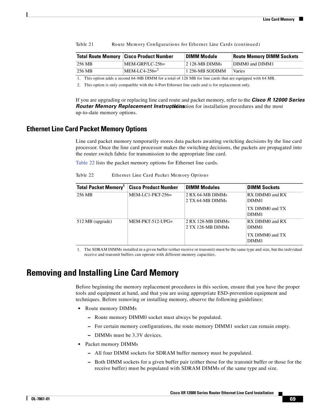 Cisco Systems XR 12000 Series Removing and Installing Line Card Memory, Ethernet Line Card Packet Memory Options 