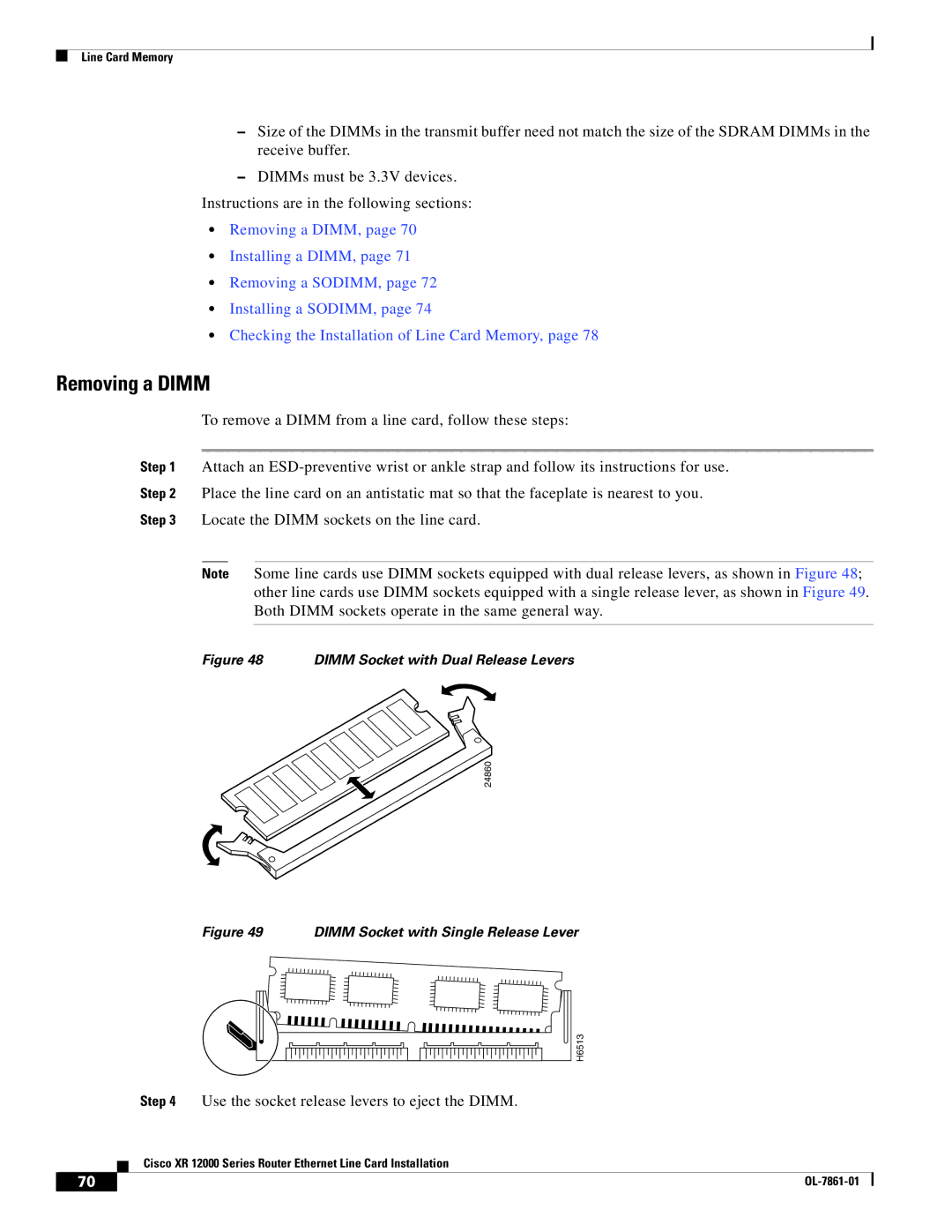 Cisco Systems XR 12000 Series specifications Removing a Dimm, Dimm Socket with Dual Release Levers 