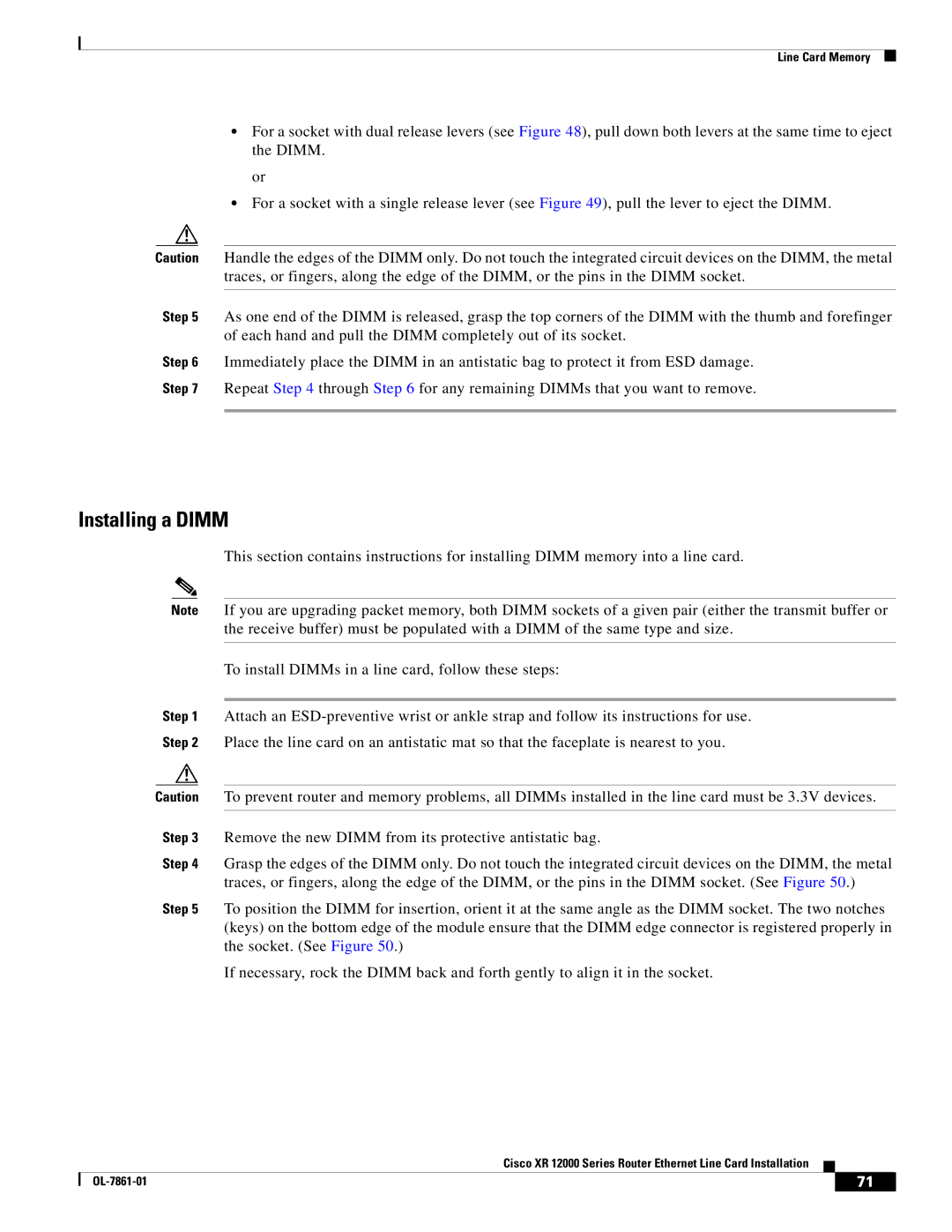 Cisco Systems XR 12000 Series specifications Installing a Dimm 