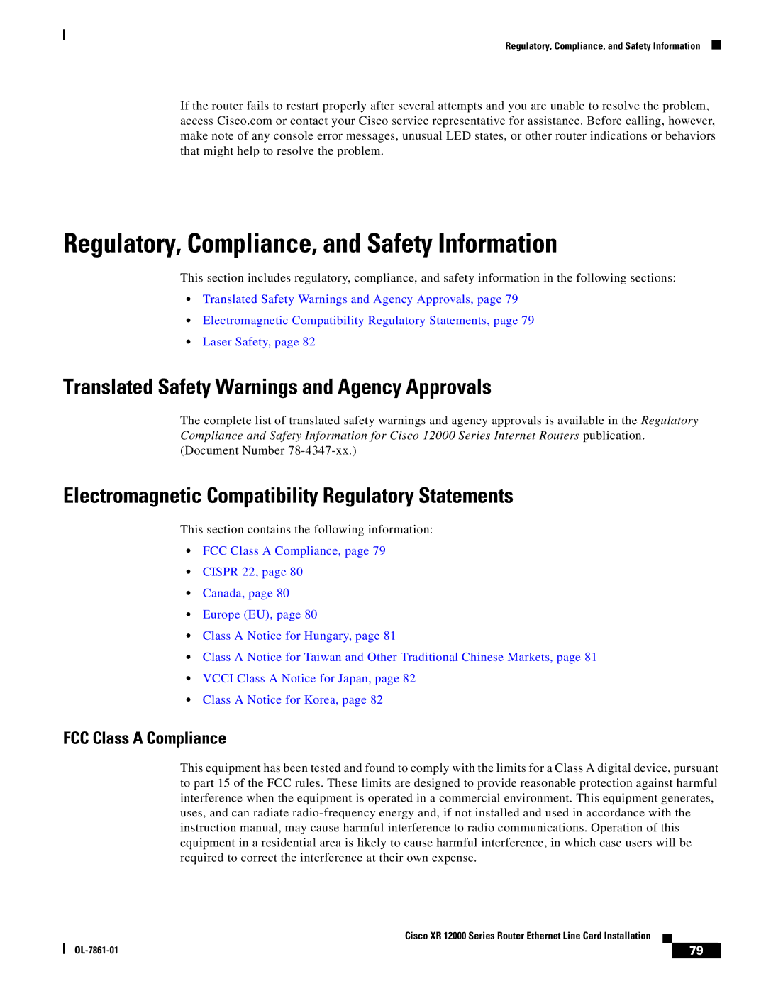 Cisco Systems XR 12000 Series specifications Regulatory, Compliance, and Safety Information, FCC Class a Compliance 