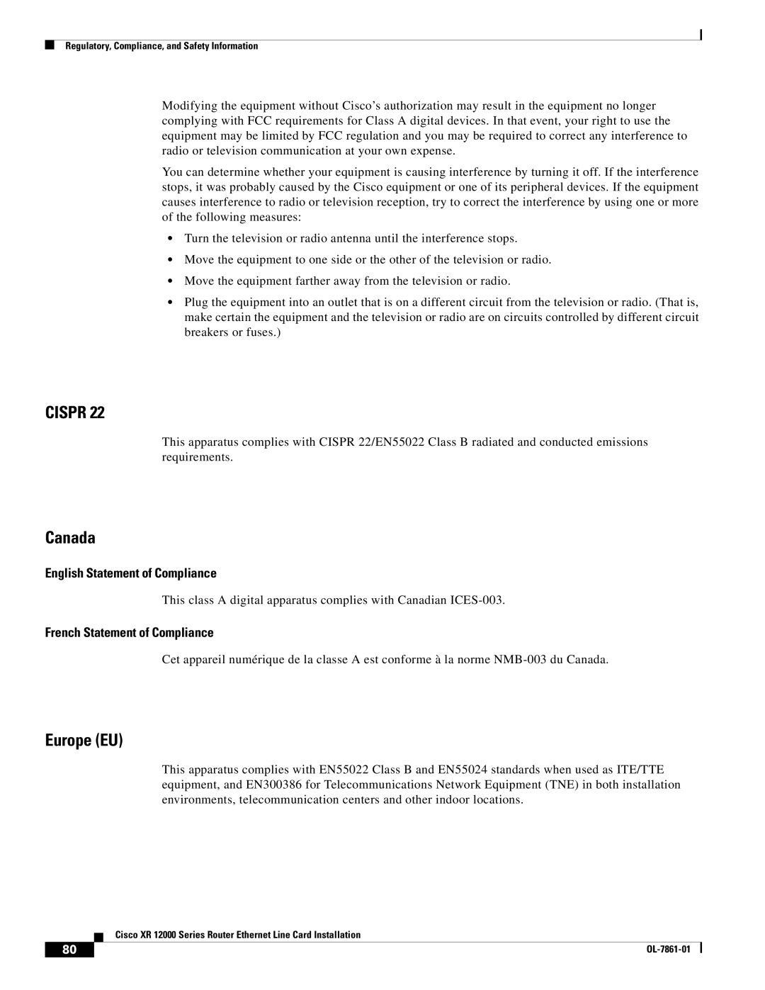 Cisco Systems XR 12000 Series specifications Canada, Europe EU 