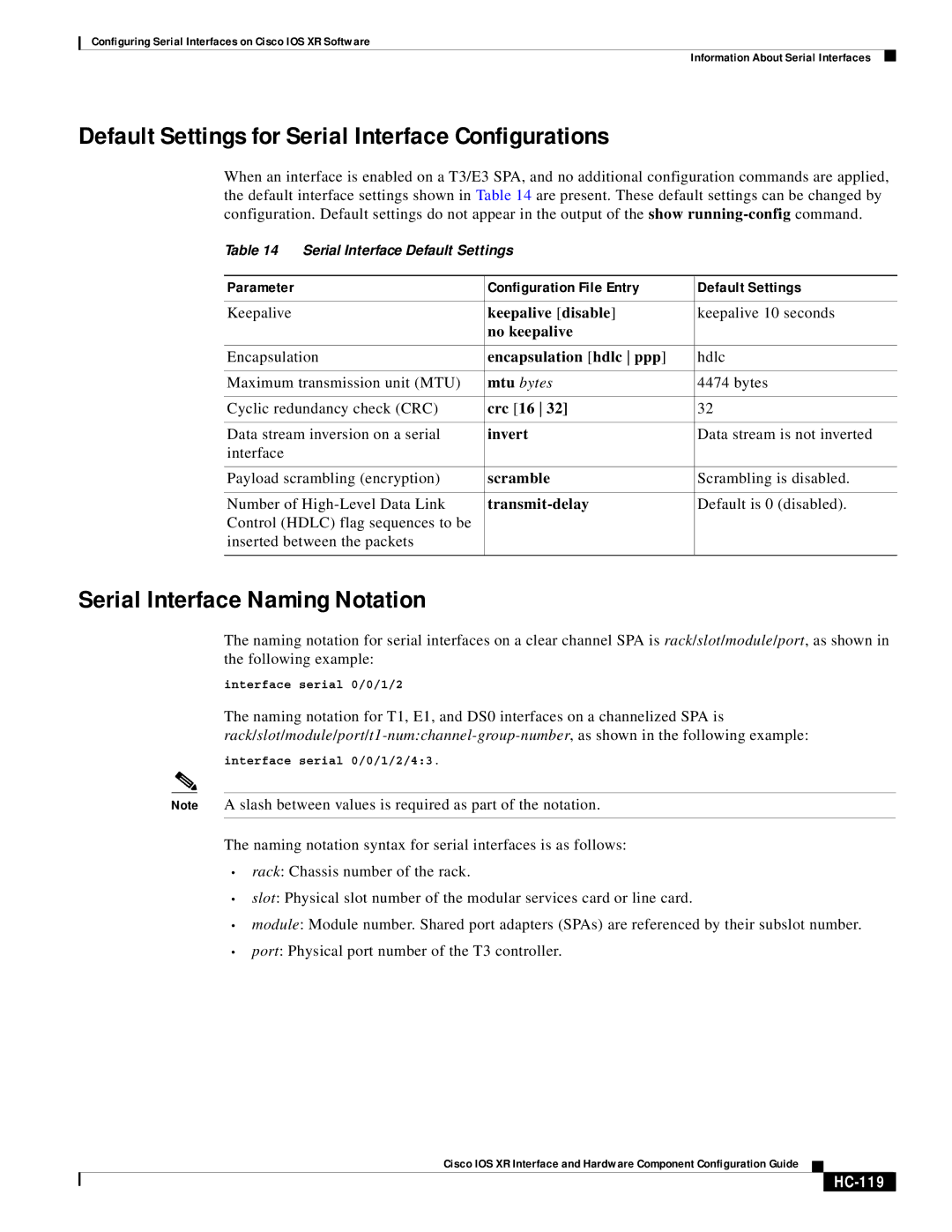 Cisco Systems XR 12000 SIP-401 Default Settings for Serial Interface Configurations, Serial Interface Naming Notation 