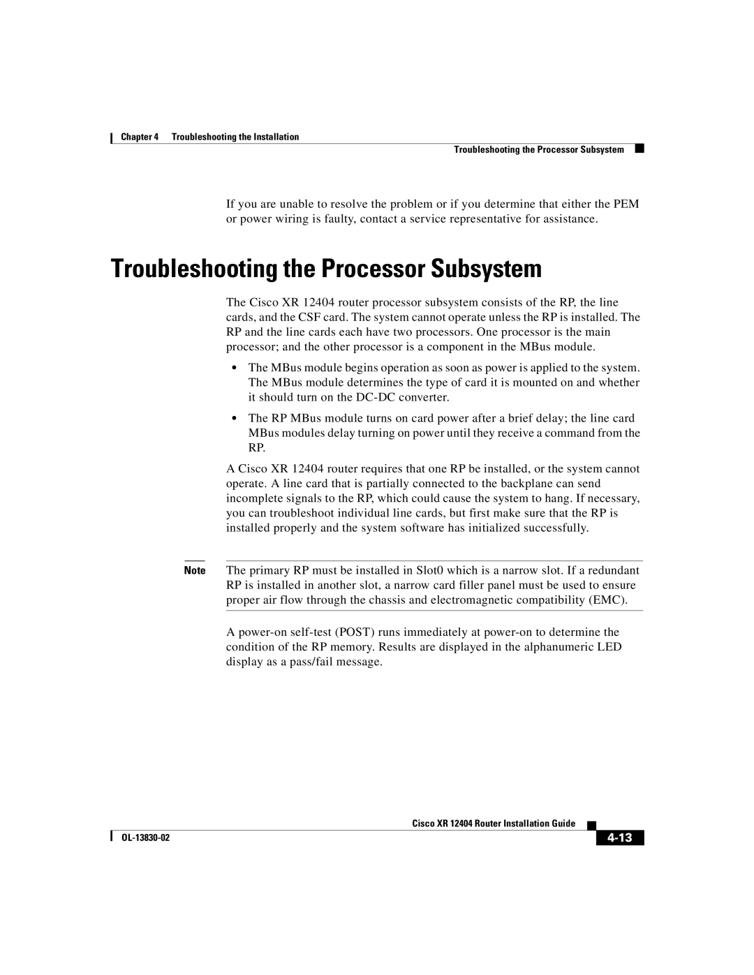 Cisco Systems XR 12404 manual Troubleshooting the Processor Subsystem 